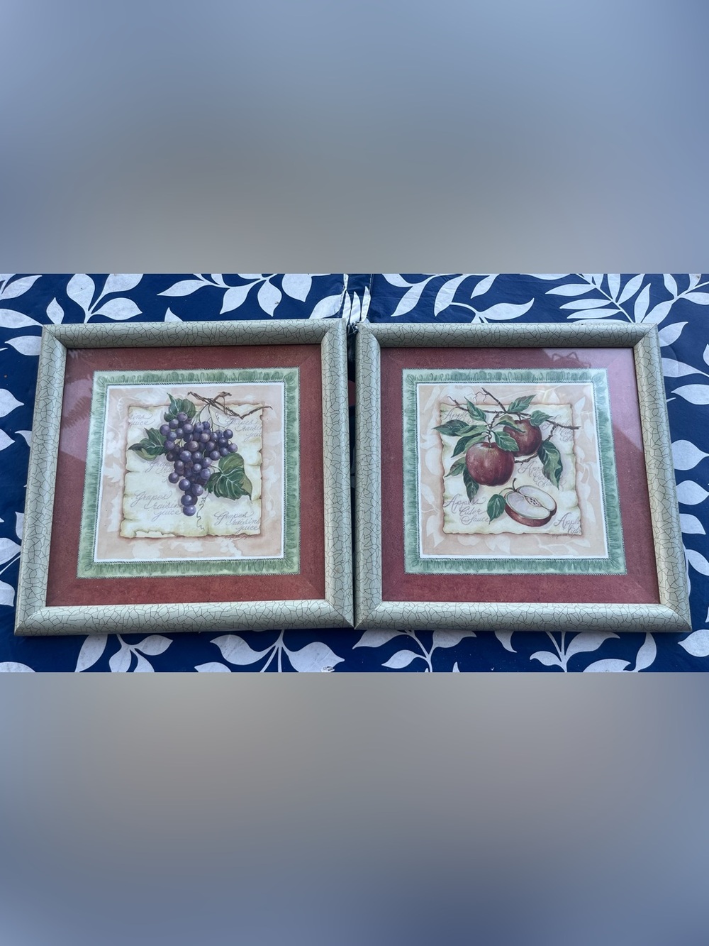 Vintage Home Interiors Fruit Botanical Prints in Sage Green, Red crackling frame